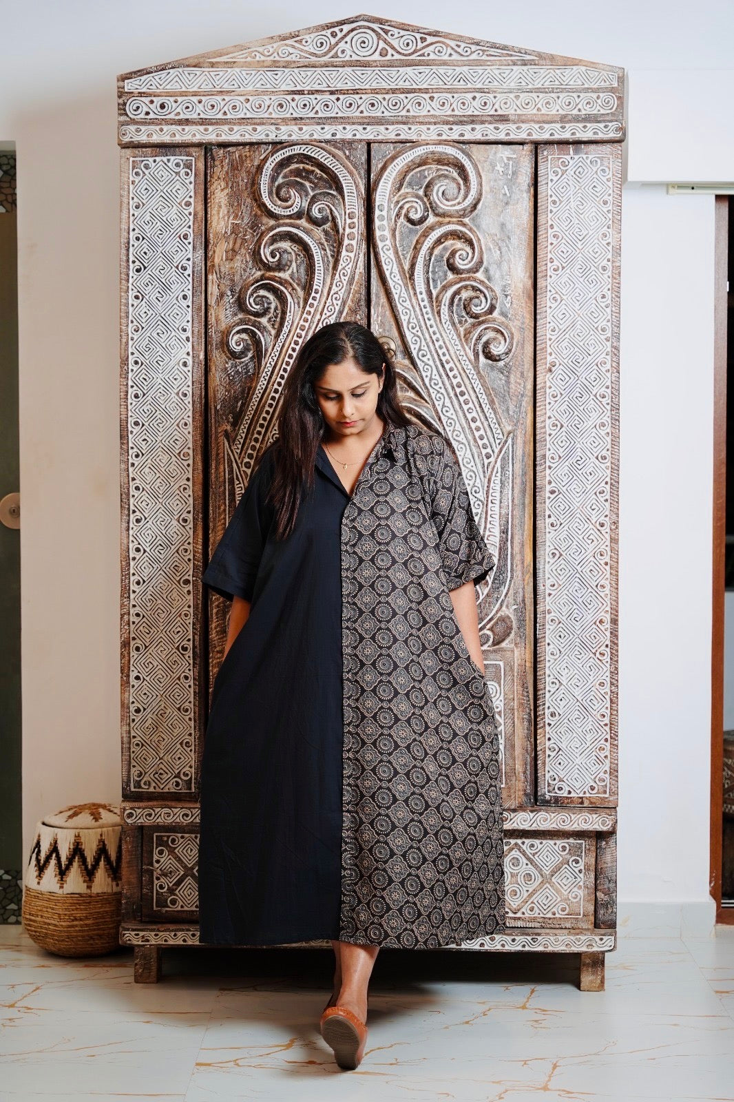 INDU Half & Half Ajrak Cotton Retro Dress