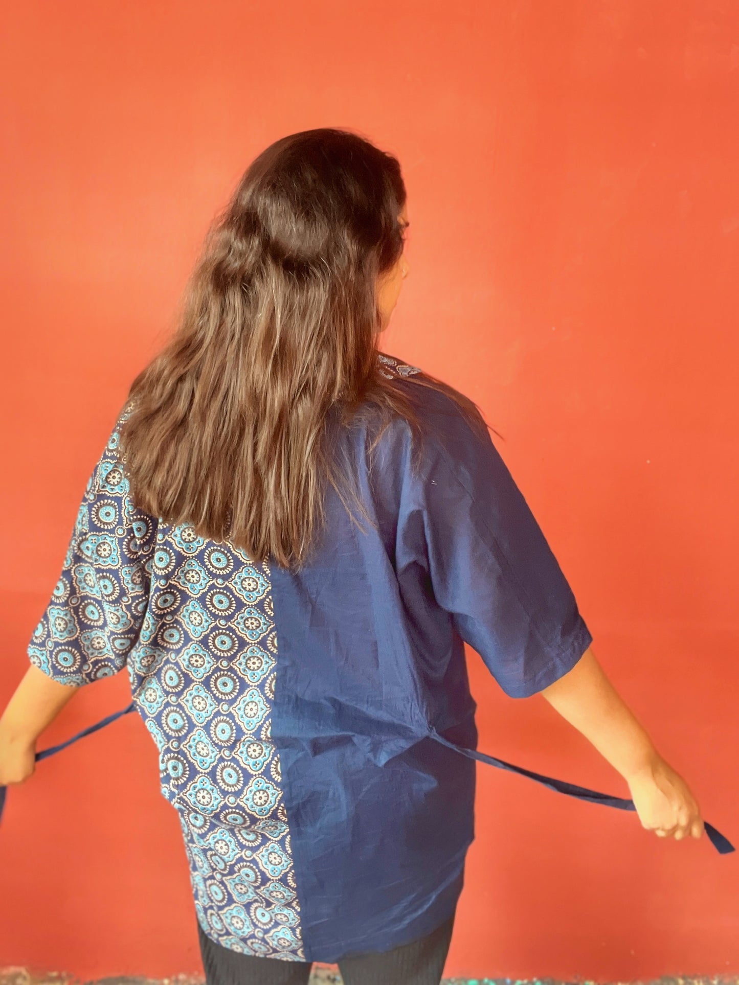 Rashmika Oversized Half n’ Half Shirt Indian Print Solid Colour Blue