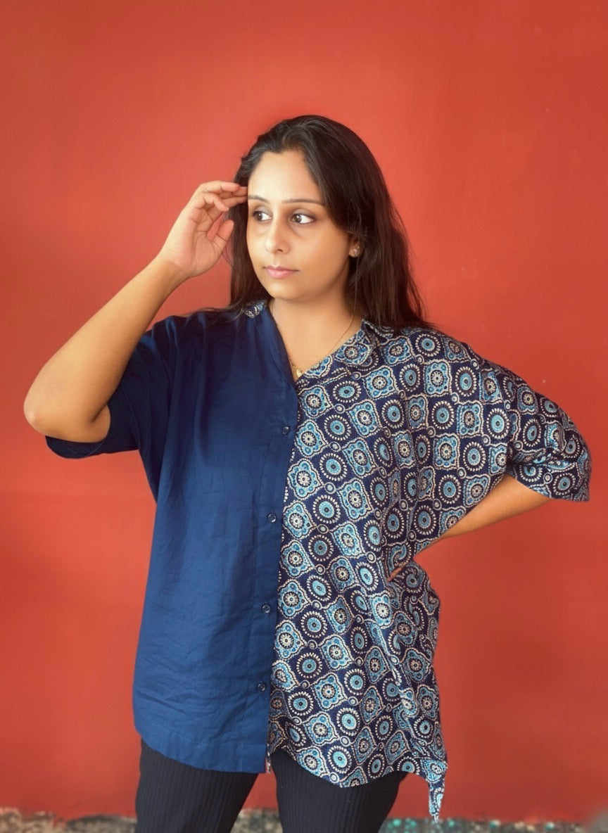 Rashmika Oversized Half n’ Half Shirt Indian Print Solid Colour Blue