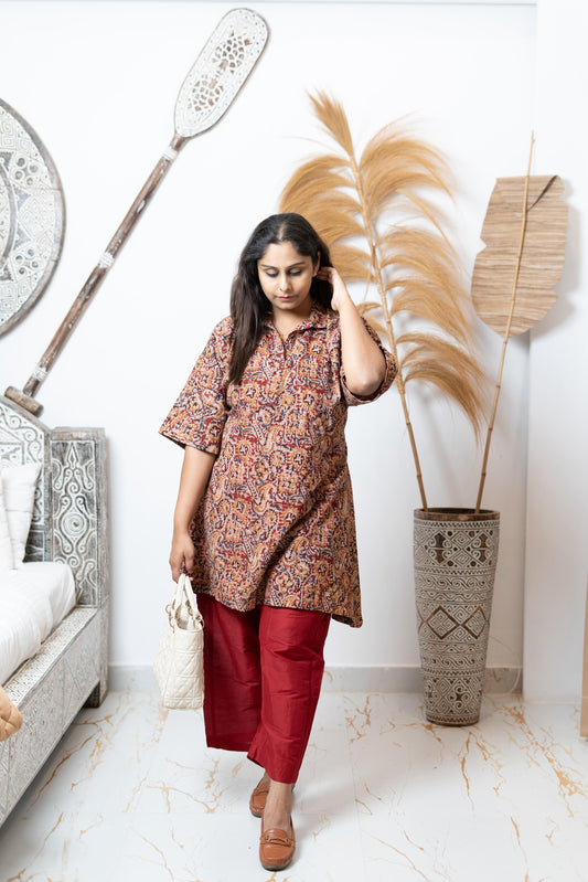 Kalamkari At First Bloom - Kumkum Red - Maternity Coords | Retro Cotton