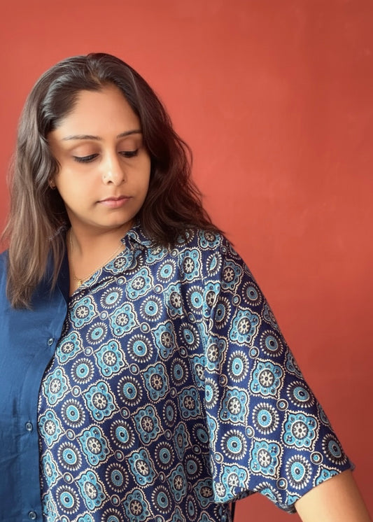 Rashmika Oversized Half n’ Half Shirt Indian Print Solid Colour Blue