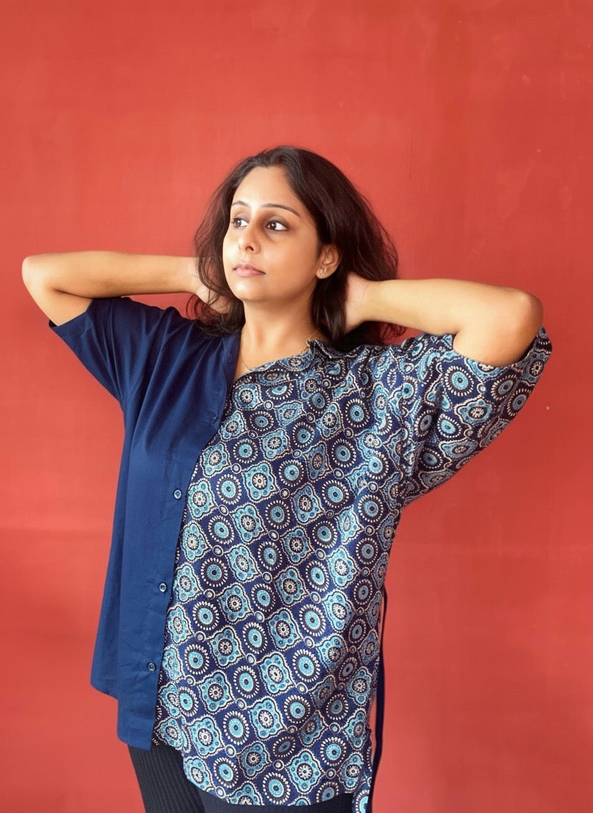 Rashmika Oversized Half n’ Half Shirt Indian Print Solid Colour Blue