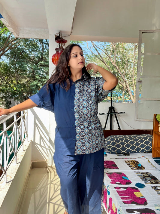 Ajrak Daily-Wear Baggy Coord Set Blue