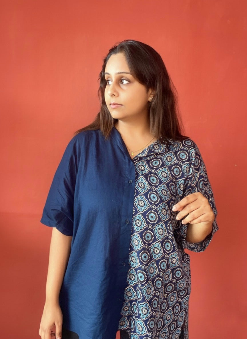 Rashmika Oversized Half n’ Half Shirt Indian Print Solid Colour Blue