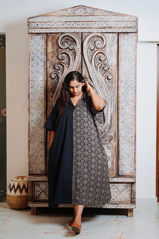 INDU Retro T-Shaped Relaxed Cotton Half & Half Ajrak Dress with FREE underskirt, Pockets, Adjustable Knot, and “Smart Length”