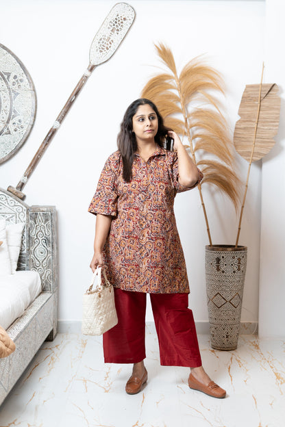 Kalamkari At First Bloom - Kumkum Red - Maternity Coords | Retro Cotton