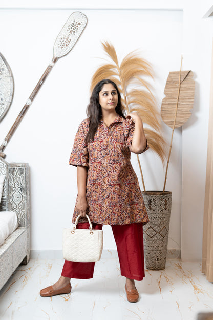 Kalamkari At First Bloom - Kumkum Red - Maternity Coords | Retro Cotton