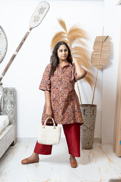 Kalamkari At First Bloom - Kumkum Red - Maternity Coords | Retro Cotton