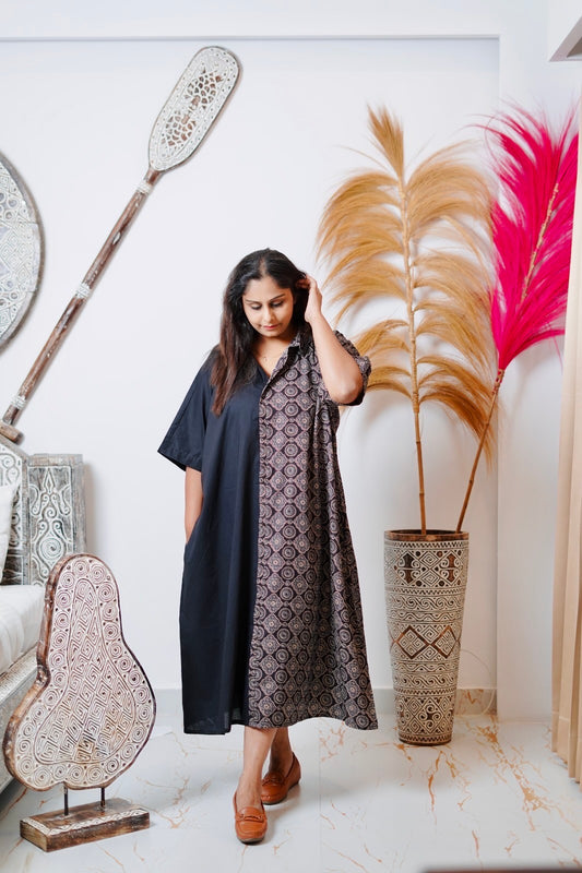 INDU Retro T-Shaped Relaxed Cotton Half & Half Ajrak Dress with FREE underskirt, Pockets, Adjustable Knot, and “Smart Length”