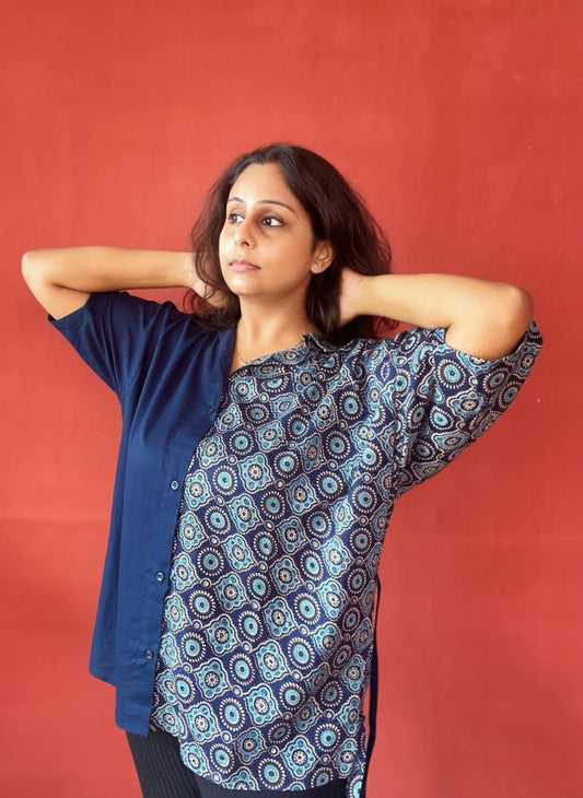 Rashmika Oversized Half n’ Half Shirt Indian Print Solid Colour Blue